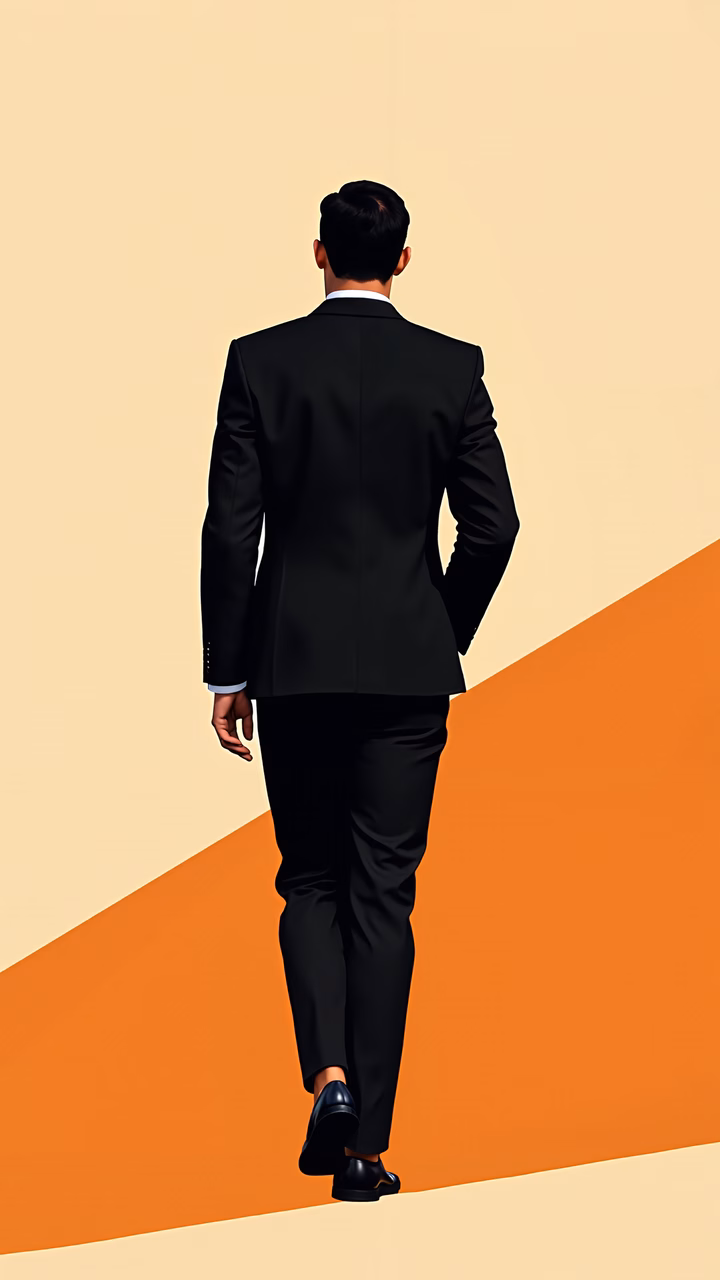 Confident man in black suit against a striking orange and beige background.