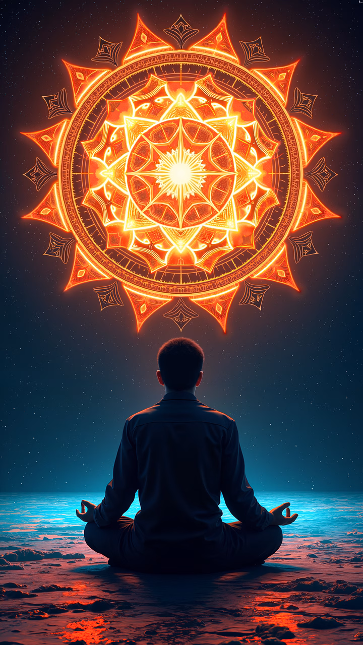 Man meditating under a glowing mandala in a serene night sky.