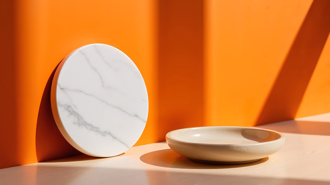 Minimalist product photography featuring marble and ceramic elements in warm tones.