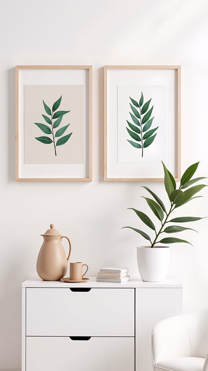 Modern minimalist interior design with botanical prints and neutral tones.
