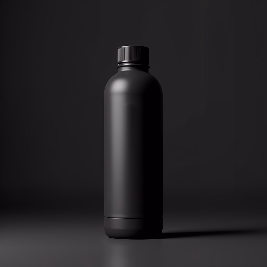 Sleek, matte black bottle with glossy highlights against a dark background.