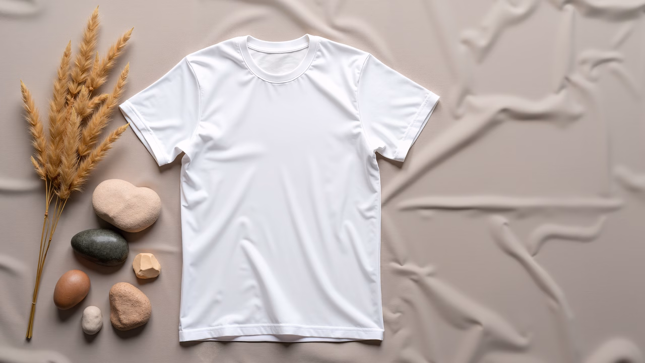 Minimalist white t-shirt mockup with natural elements on textured background.
