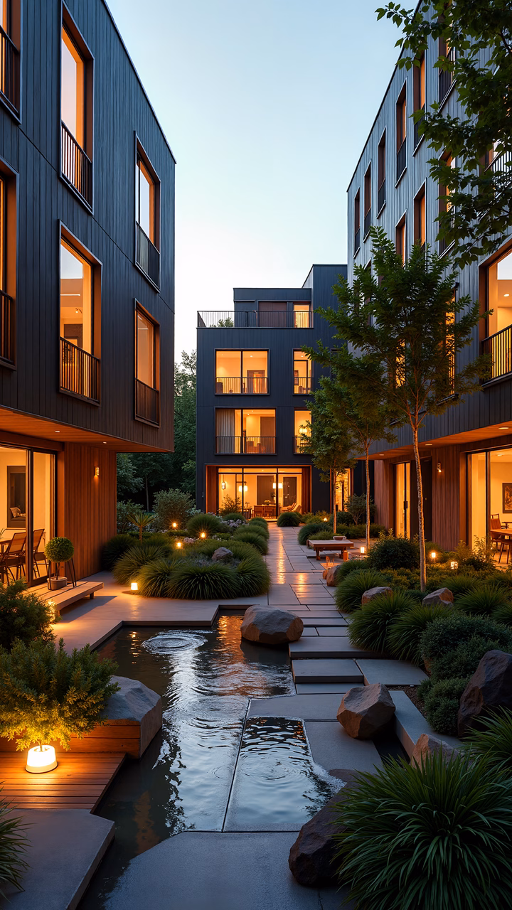 Modern courtyard with water feature and warm lighting.