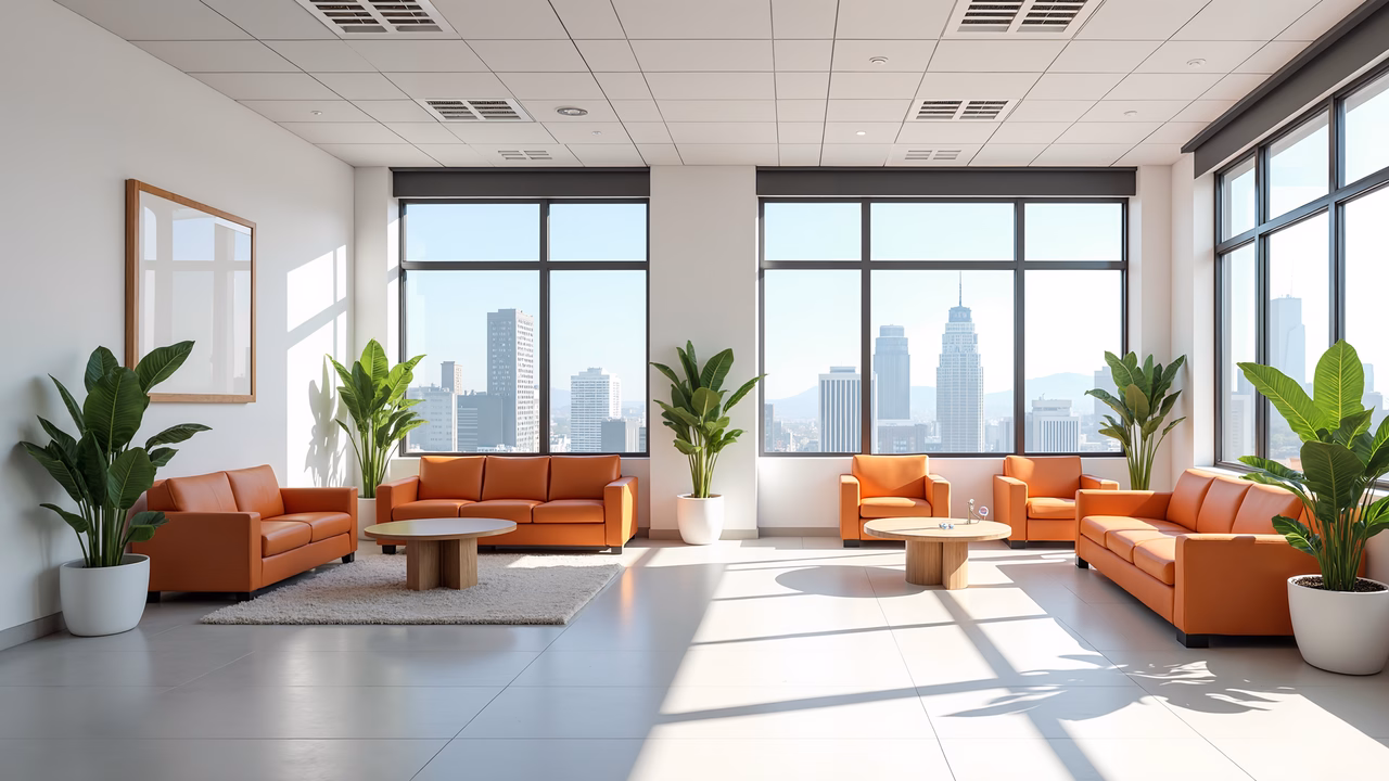 Modern office lounge with orange sofas and city views.