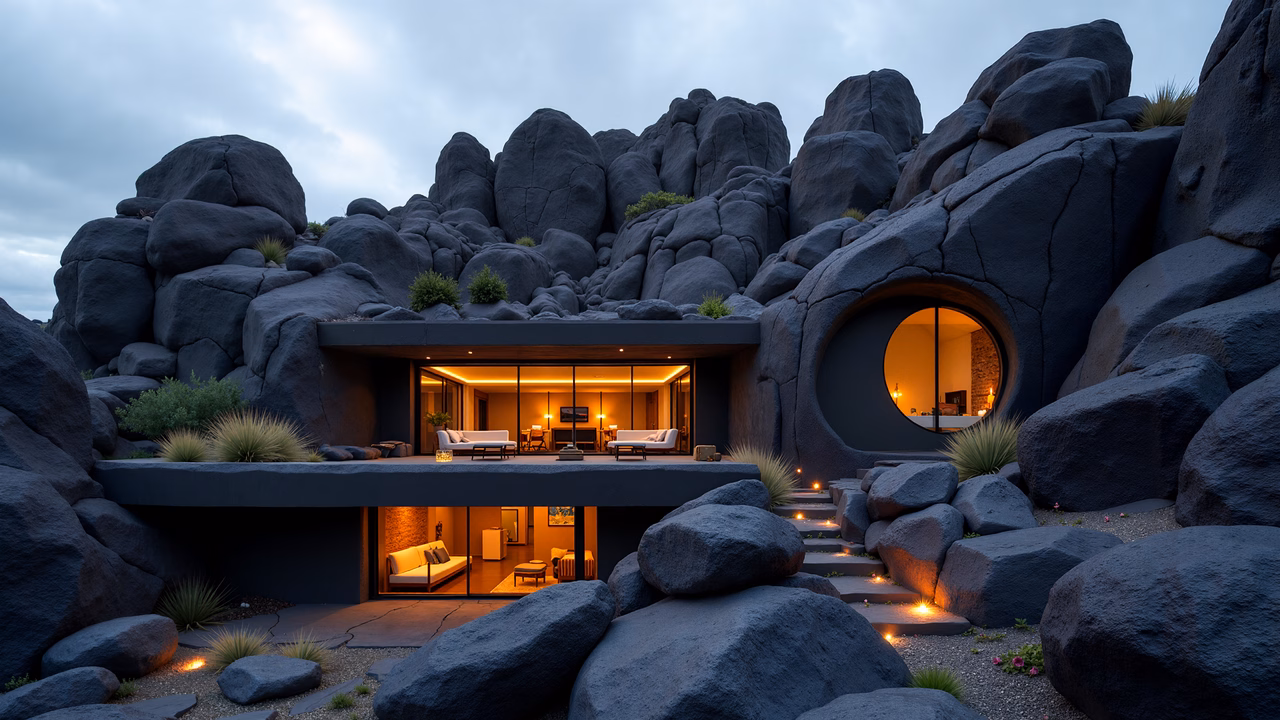 Modern house nestled among rocks, illuminated at dusk.