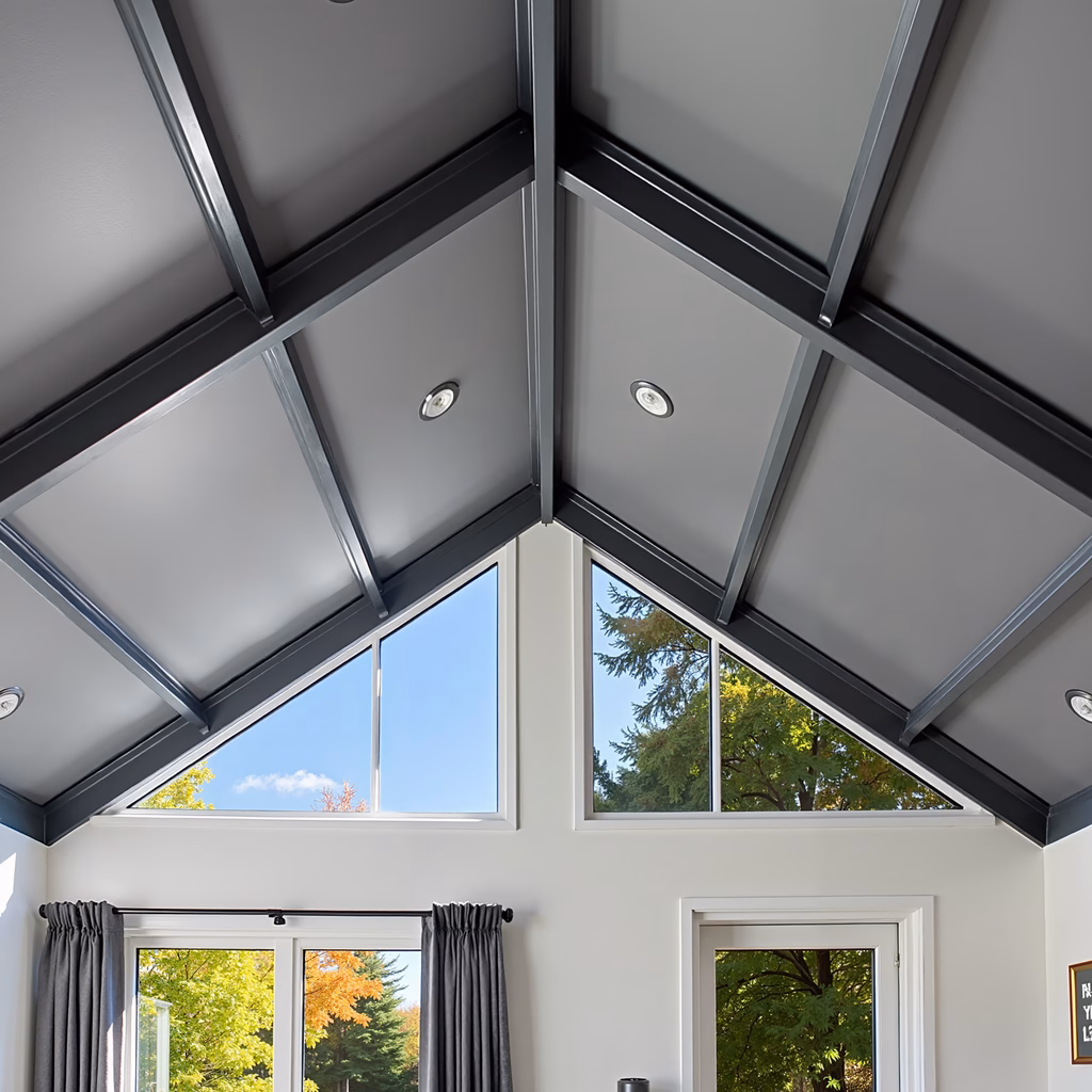 Bright, modern interior with skylight and triangular windows, showcasing clean lines and natural light.