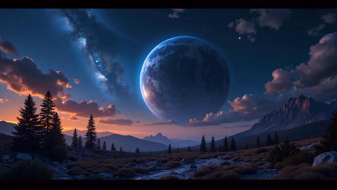 A moonlit landscape with detailed trees and distant mountains under a starry sky.