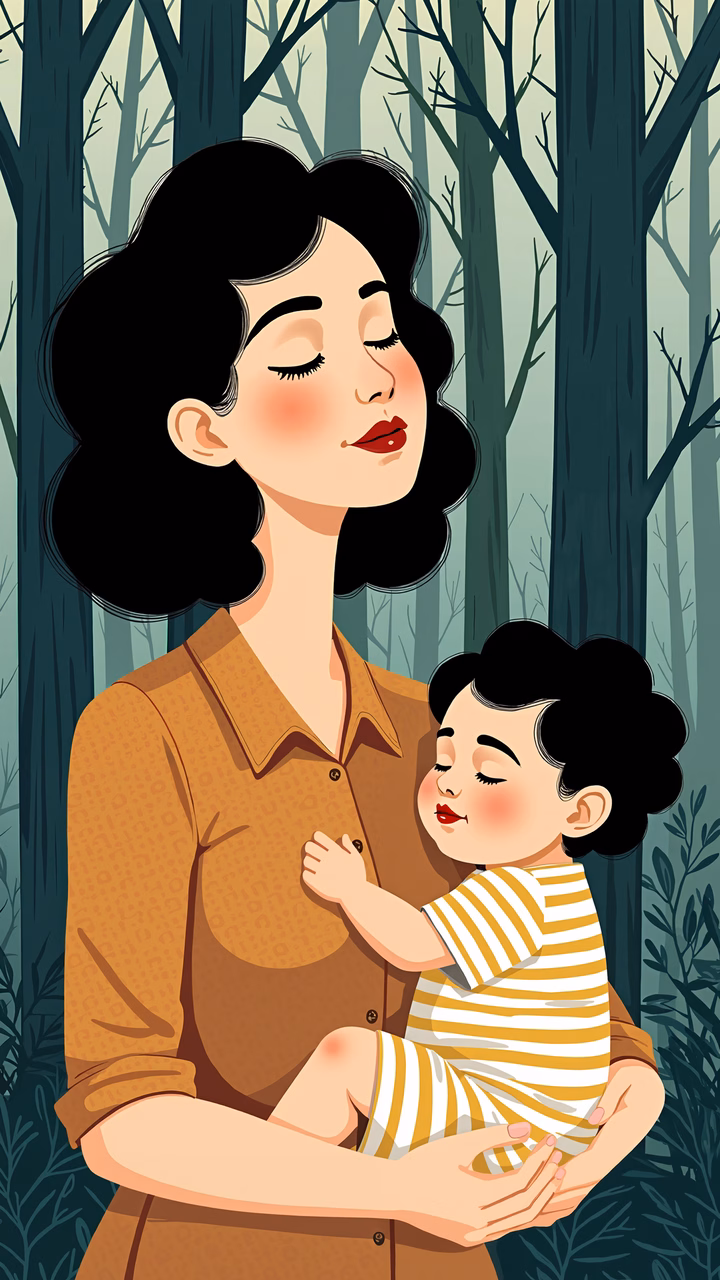 A heartwarming illustration of a mother holding her child in a tranquil forest setting.