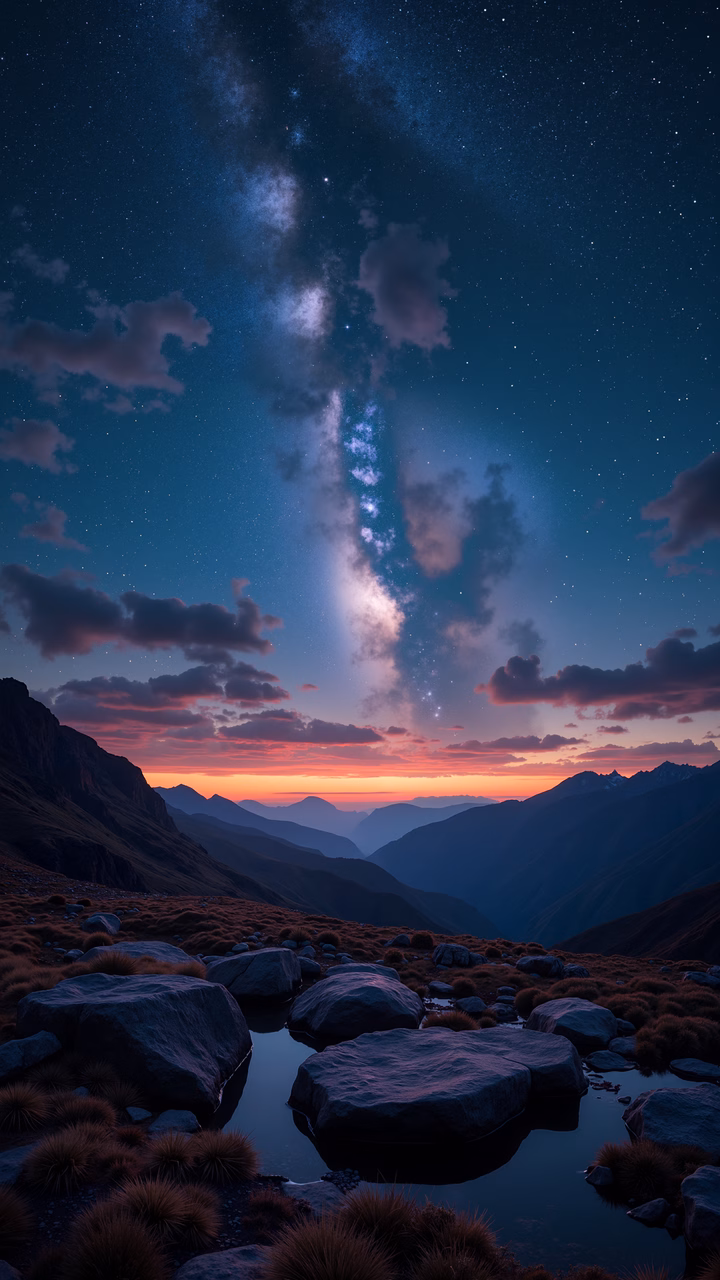 Twilight mountain reflection with Milky Way