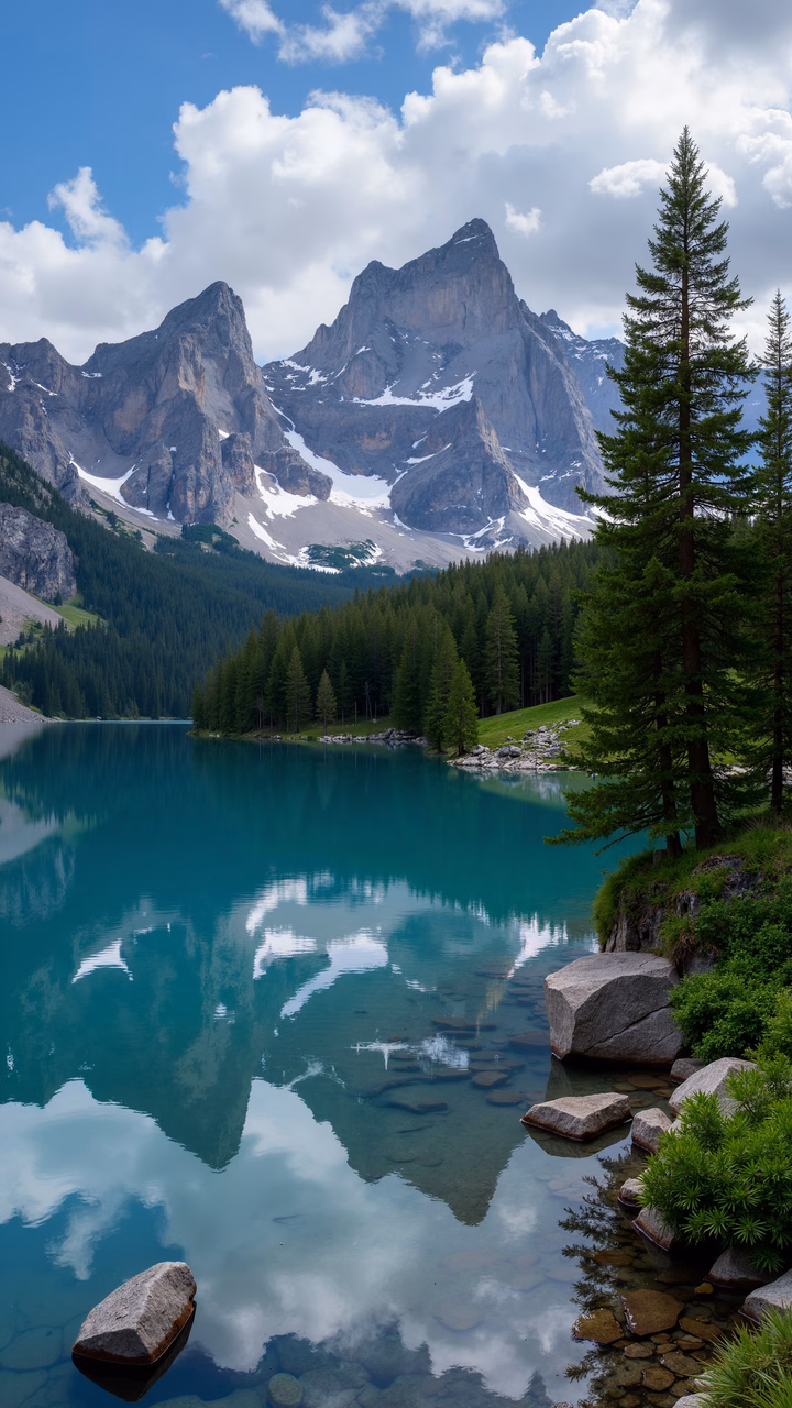 A breathtaking view of a mountain lake reflecting its surroundings under a clear blue sky.