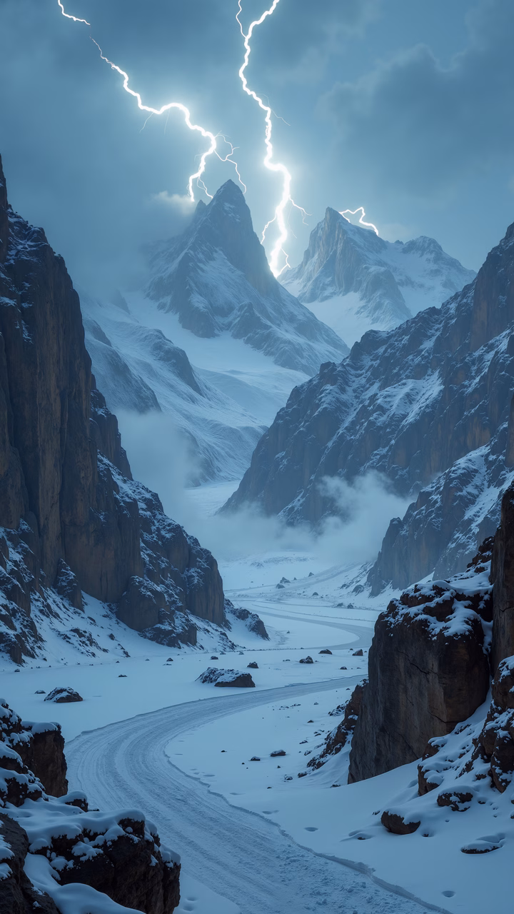 Dramatic storm over snow-covered mountains and a turbulent river.