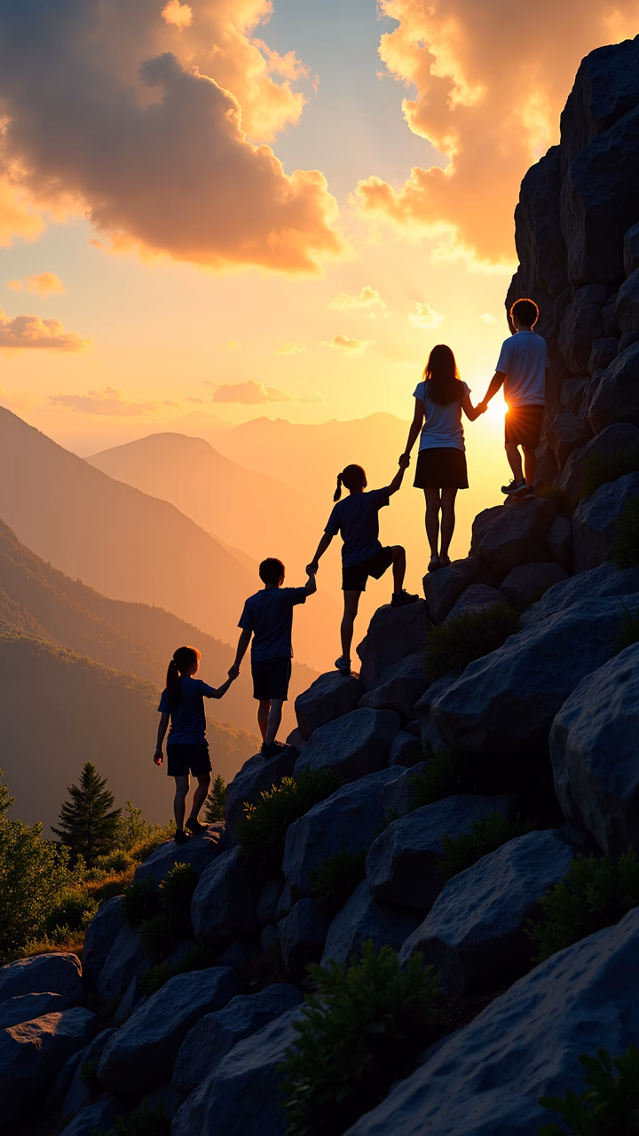 Group of five people standing on a mountain summit during a stunning sunset.