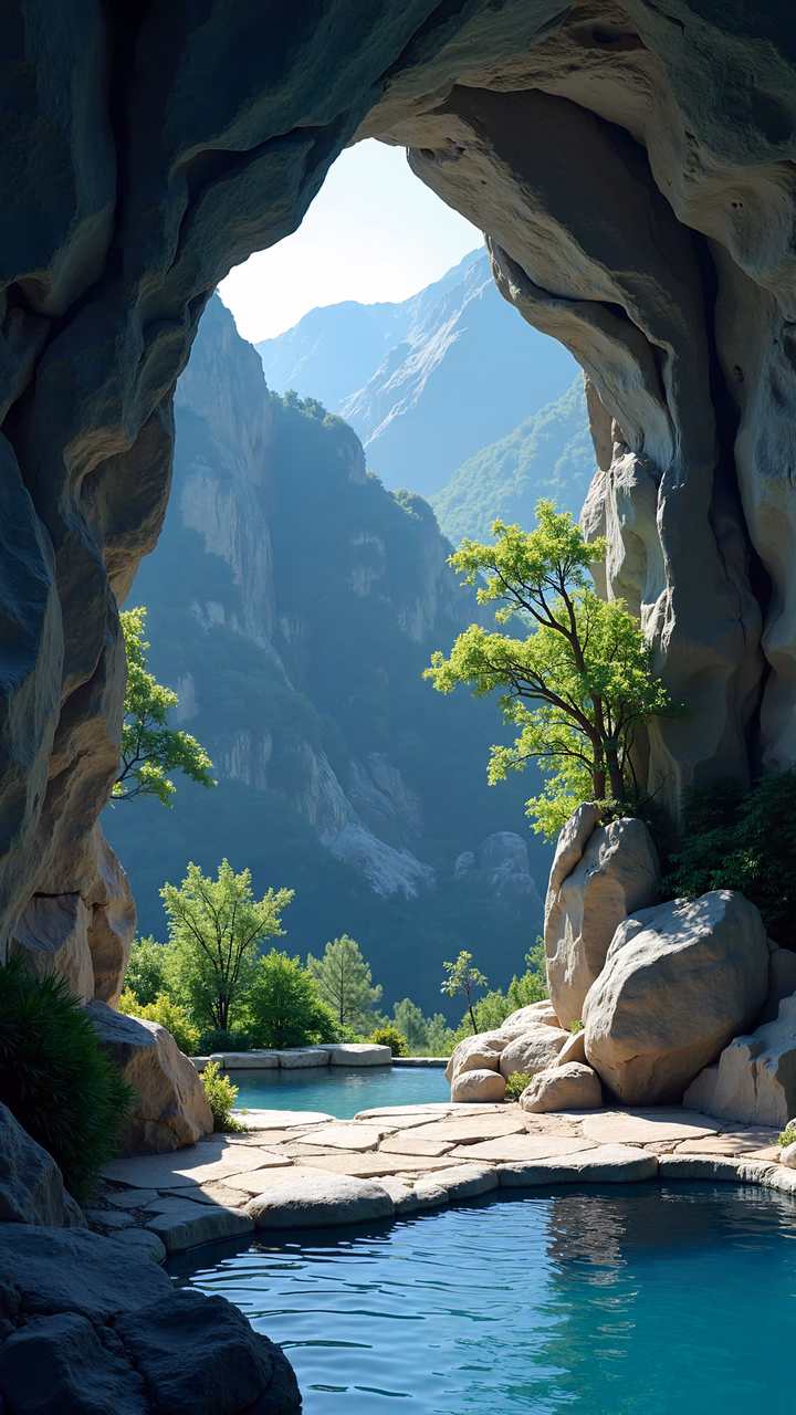 A tranquil natural archway framed by rugged stone walls and lush greenery, inviting viewers to connect with nature.
