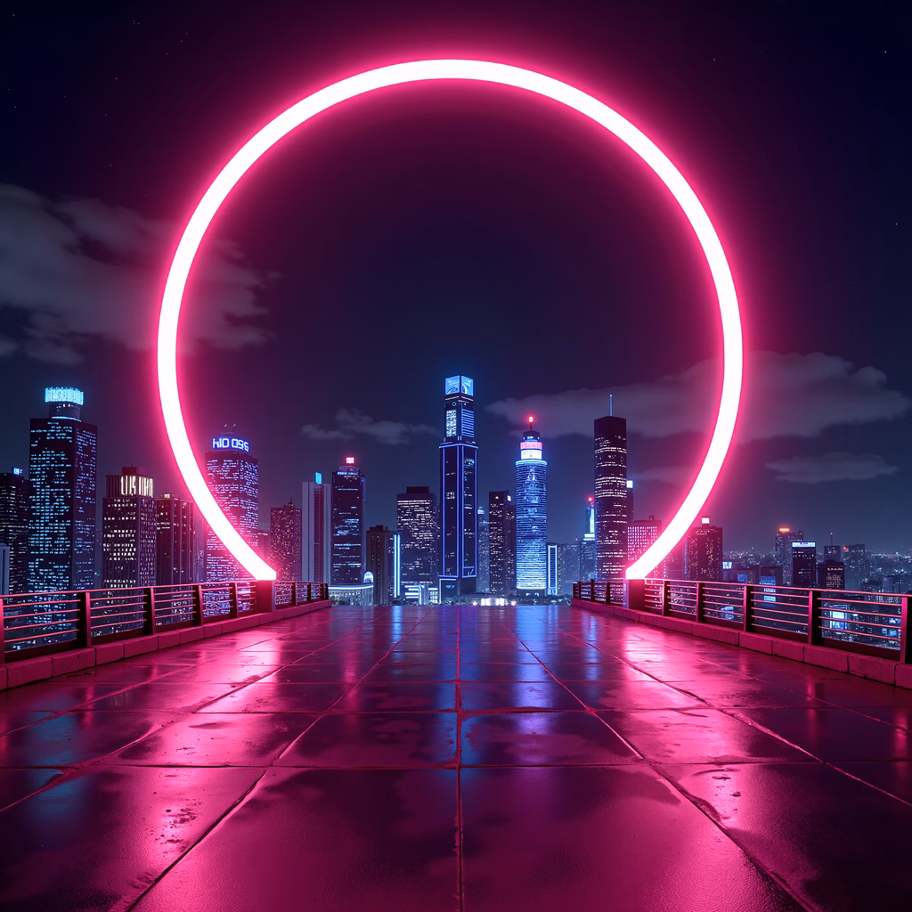 Neon-lit cityscape with glowing circle and reflective pavement