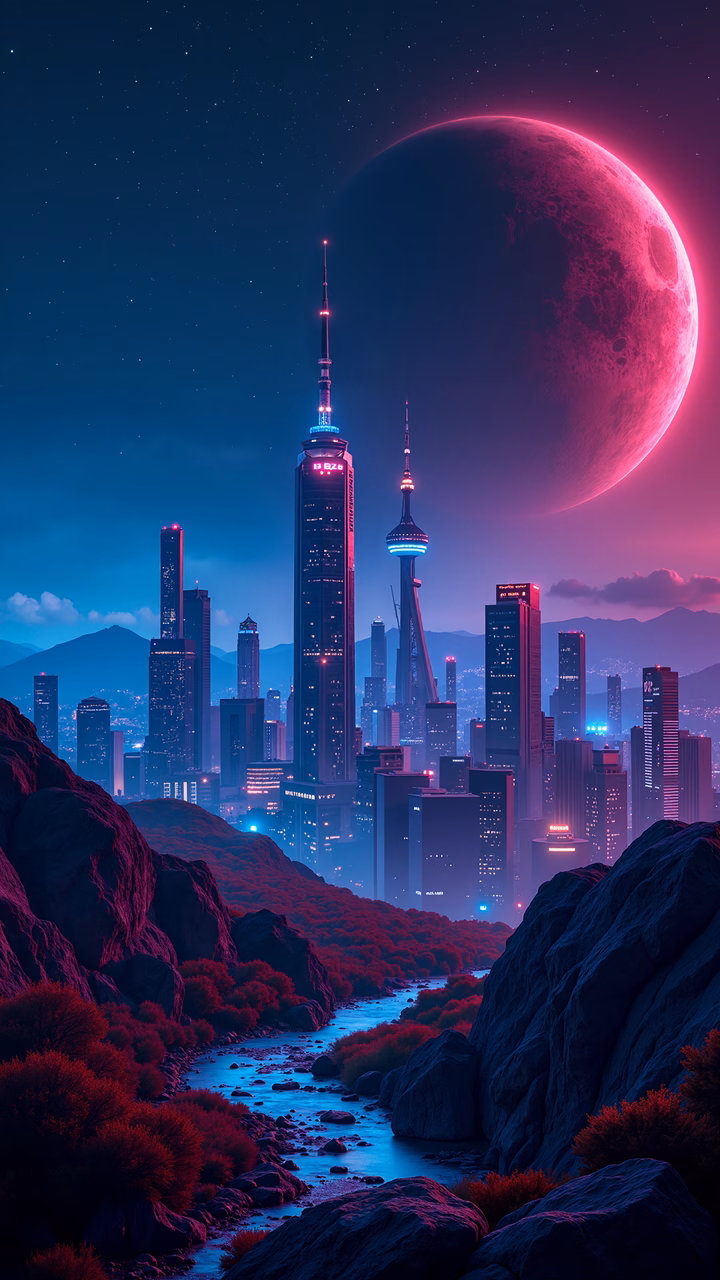 Futuristic city under neon moonlight, blending urban and natural elements.