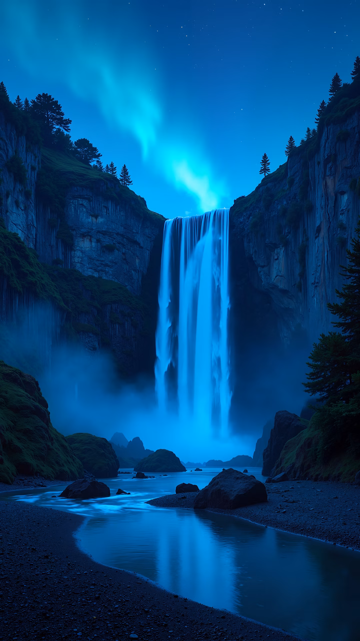 A breathtaking night view of a waterfall illuminated by an aurora, surrounded by towering cliffs and lush trees.