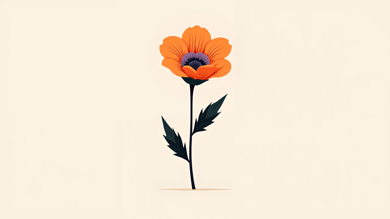 Minimalist orange flower illustration with bold petals and green leaves.