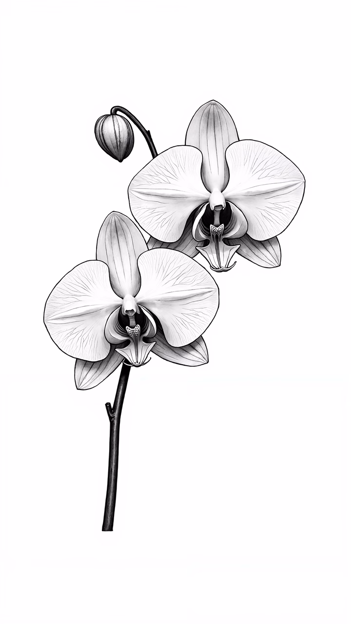 Detailed black-and-white orchid illustration