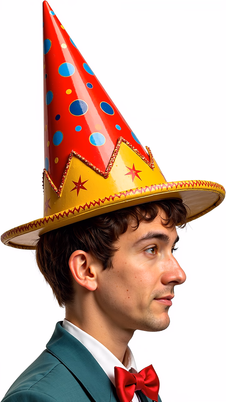 Festive party hat on stylishly dressed individual.