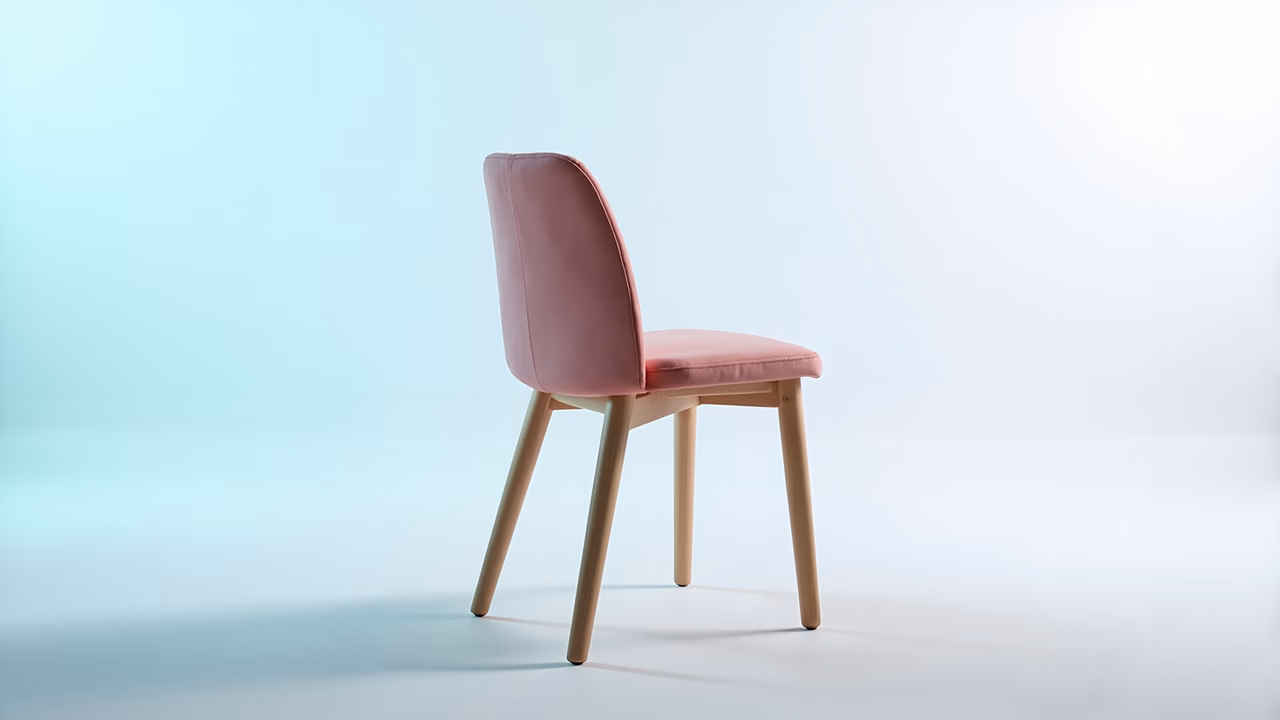 Minimalist pastel pink chair with wooden legs on a gradient background.