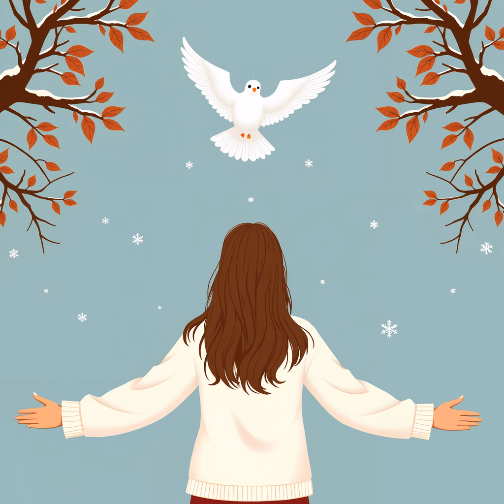 A person embracing a peaceful encounter with a flying dove amidst falling snow and autumn leaves.