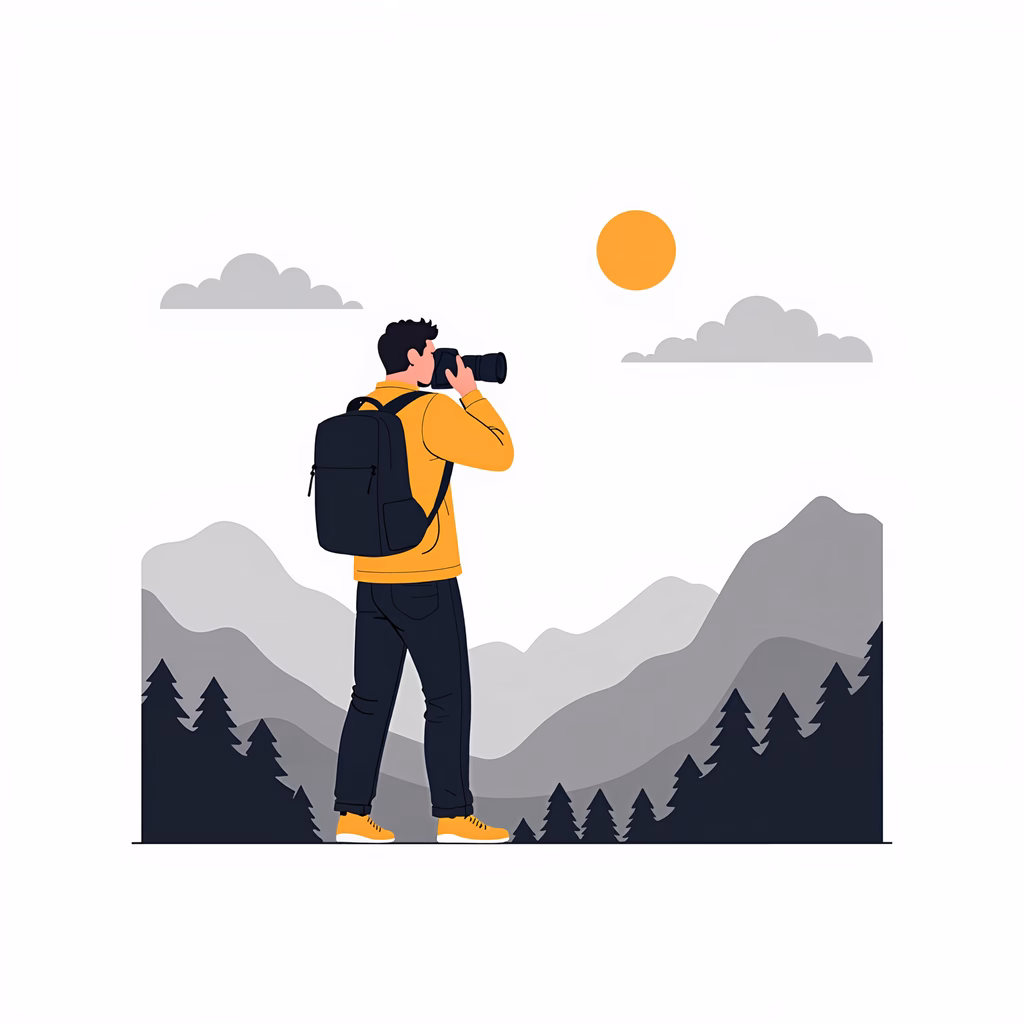 Minimalist illustration of a photographer capturing nature's beauty.