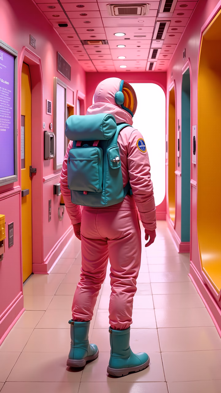 Vibrant astronaut in neon-lit corridor, futuristic fashion, minimalist design