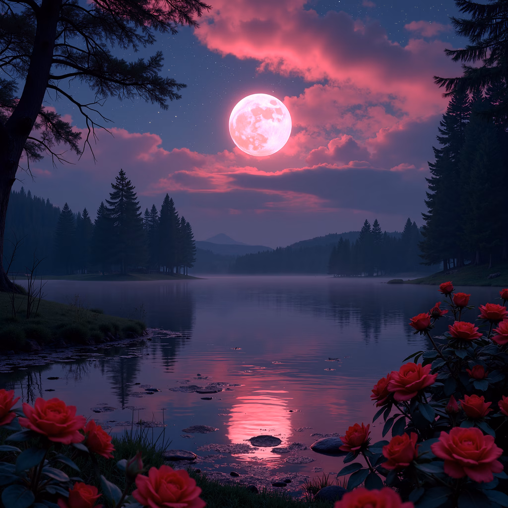 A tranquil night scene illuminated by a pink moon, featuring a calm lake and red roses.