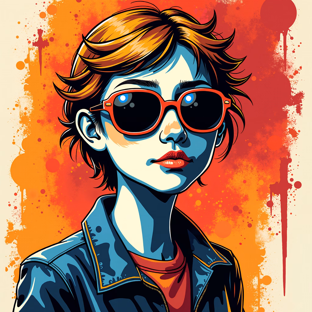 Bold pop art portrait with vibrant colors and dynamic splatters.