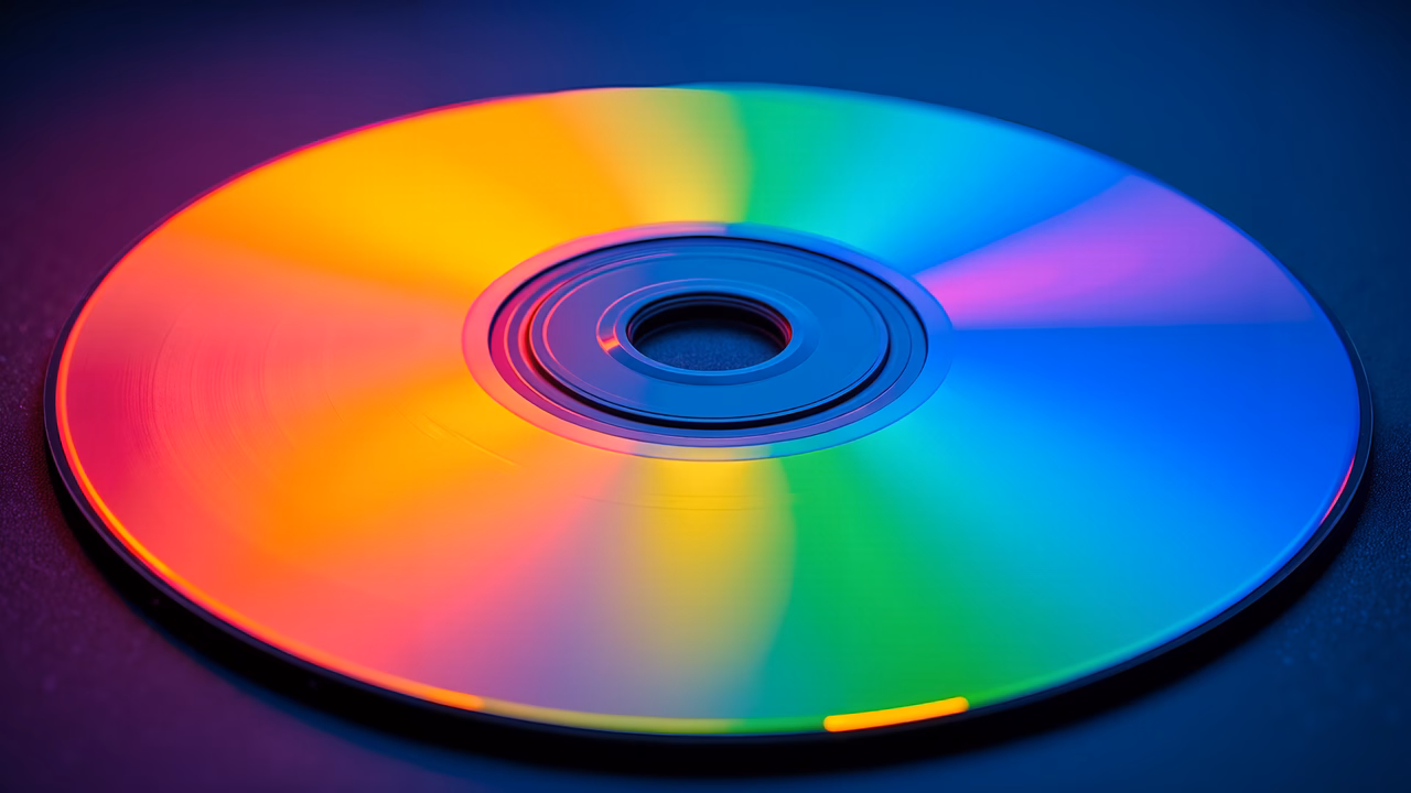 Vibrant rainbow disc reflecting light and color against a dark backdrop.