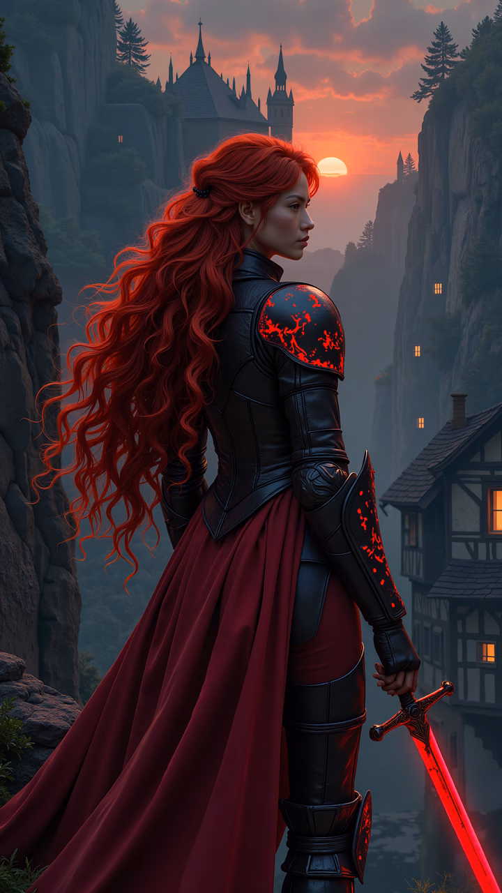 A warrior with long red hair stands on a cliff overlooking a medieval village at sunset.
