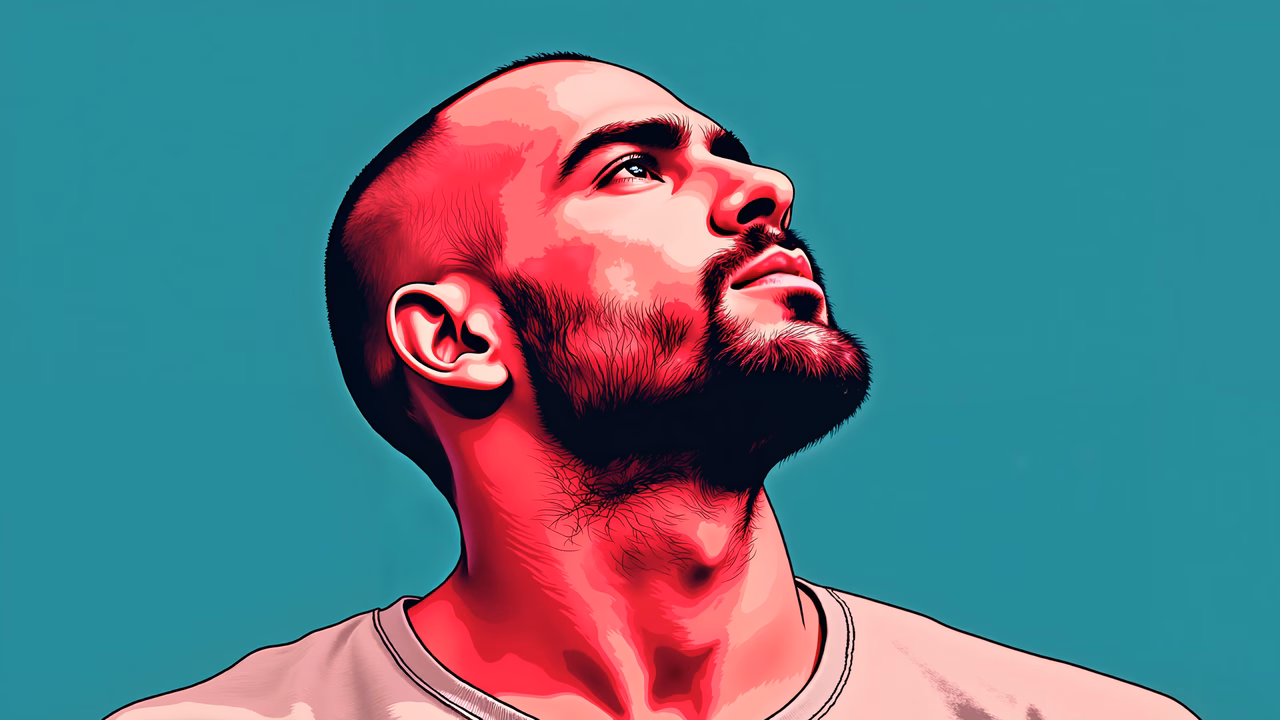 Bold red portrait illustration with dramatic contrast and upward gaze.