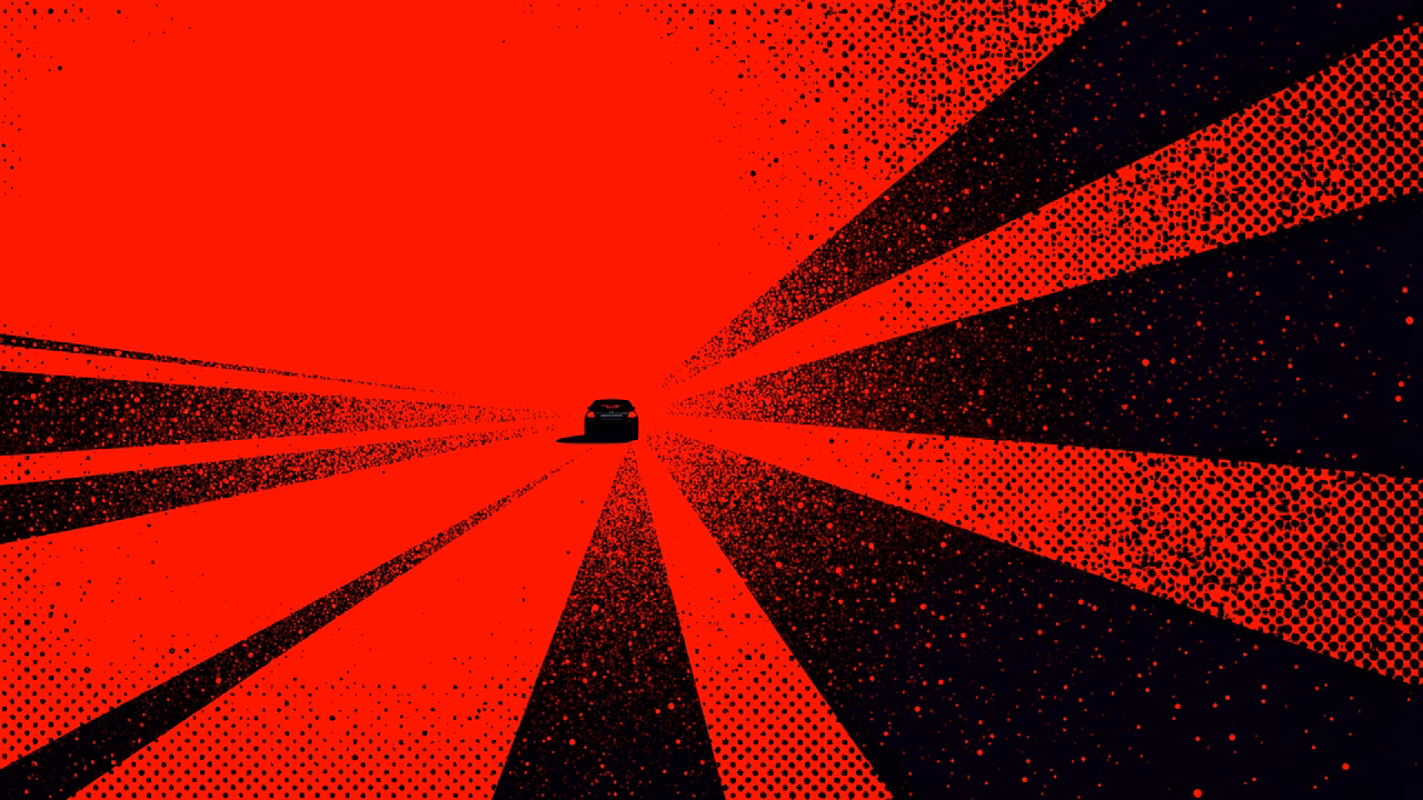 Minimalist red road illustration with black car, halftone texture, and bold contrast.