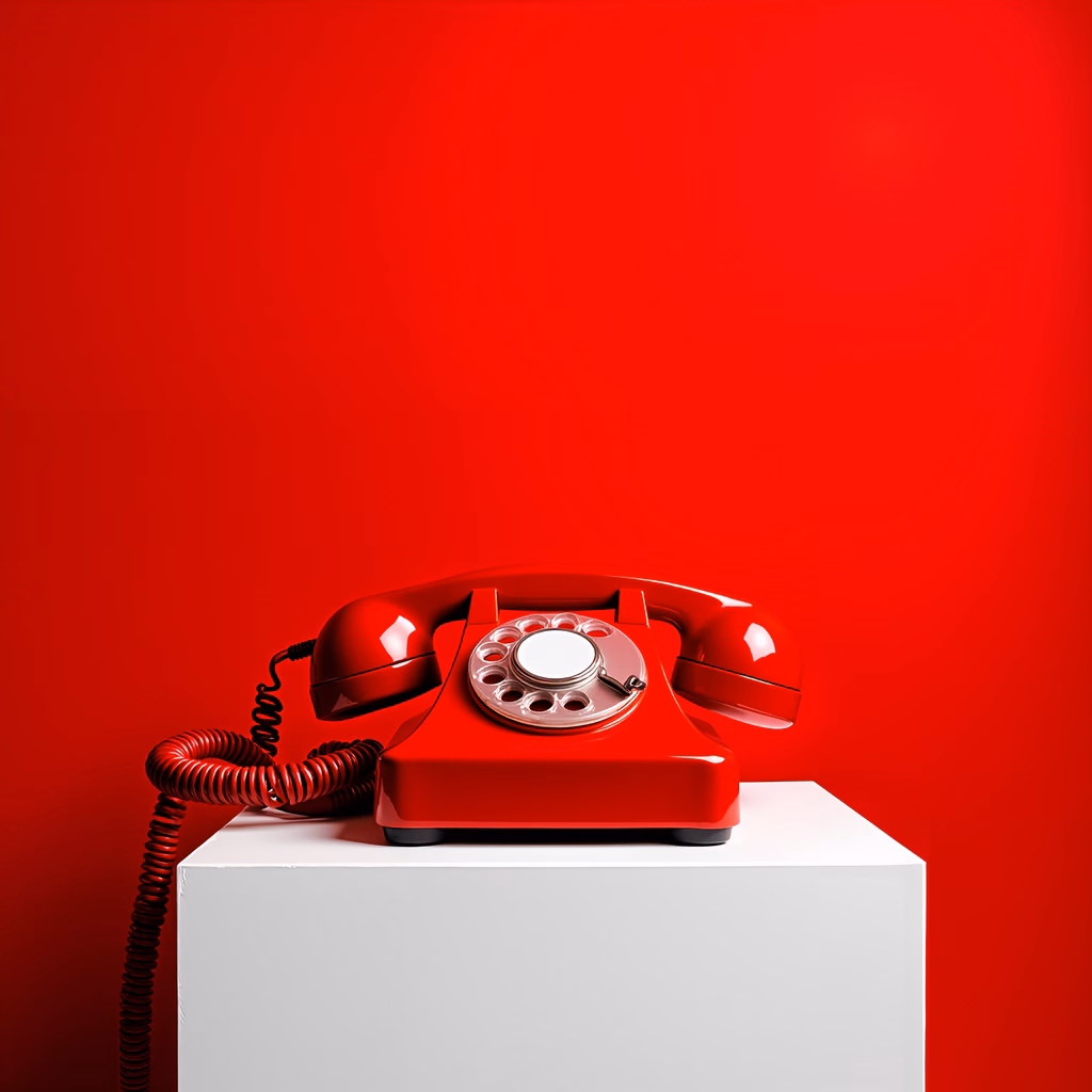 Vintage red telephone on white podium against a red background, showcasing retro design and minimalism.