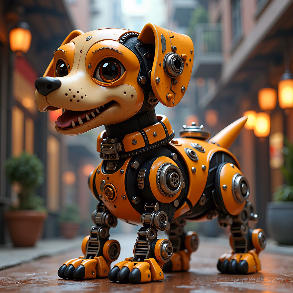 A cheerful robot dog with steampunk details in a cozy alley setting.