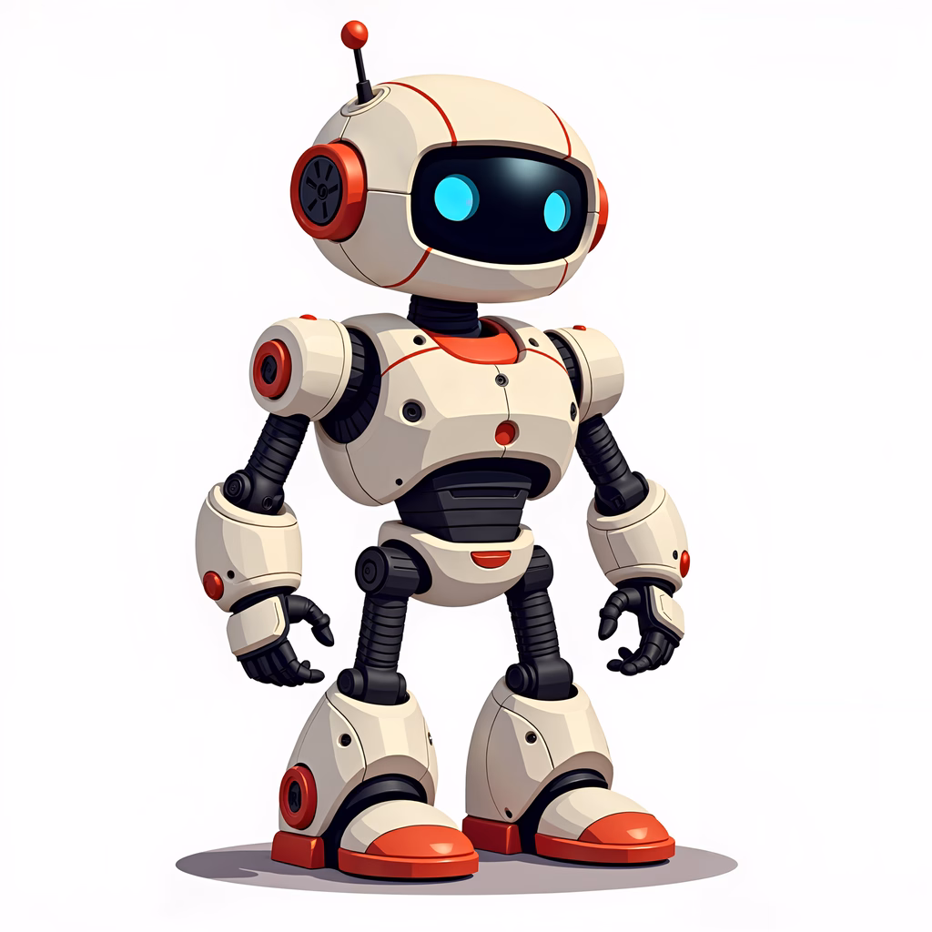A cute robot character with a friendly demeanor and a mix of white, red, and black colors.