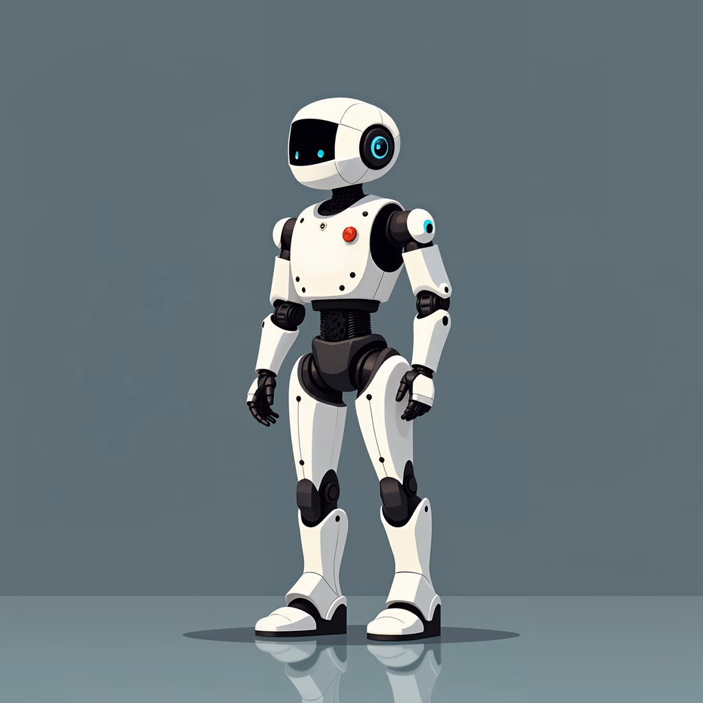 Friendly humanoid robot with a sleek, modern design in a minimalist setting.