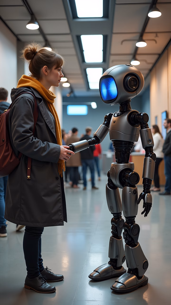 A robot interacts with a young woman in a modern indoor setting, blending technology and human interaction.