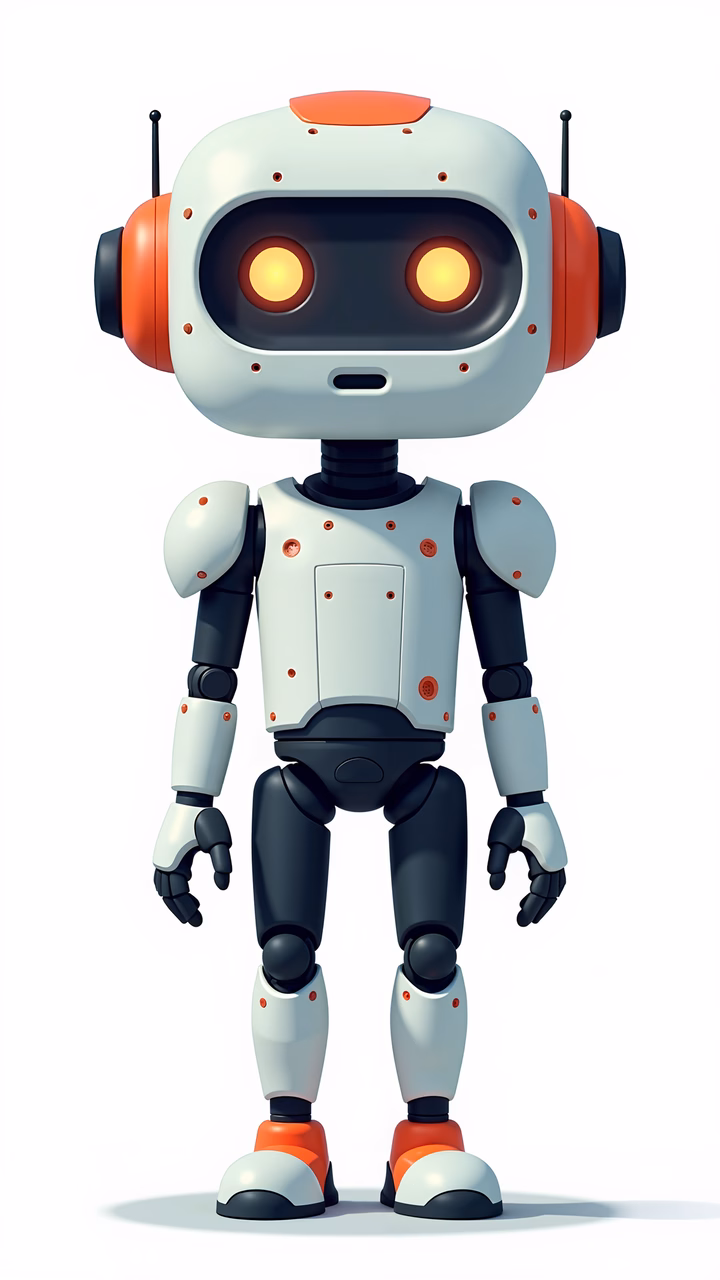 Friendly robot toy with expressive eyes and modern design for kids.