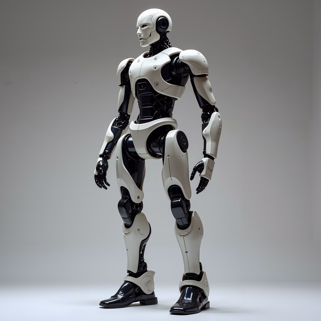 A sleek, futuristic humanoid robot standing against a minimalist gray background.