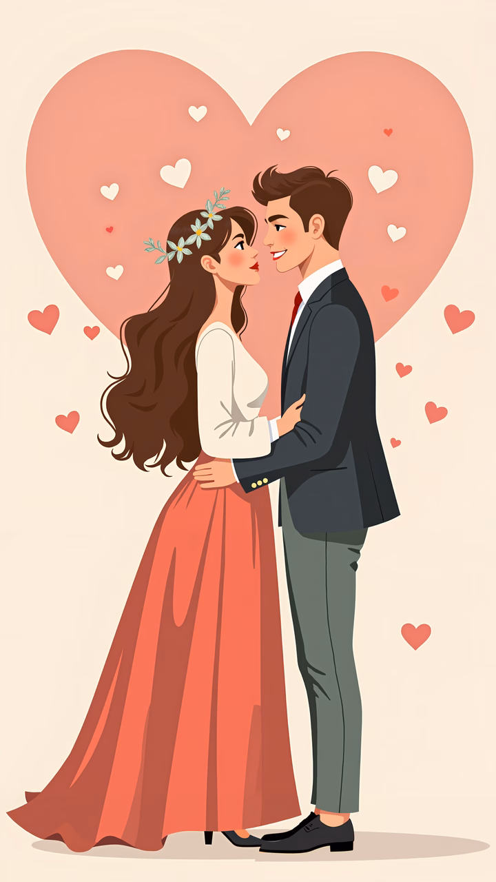 A couple embracing in a heart-filled illustration, symbolizing love and affection.