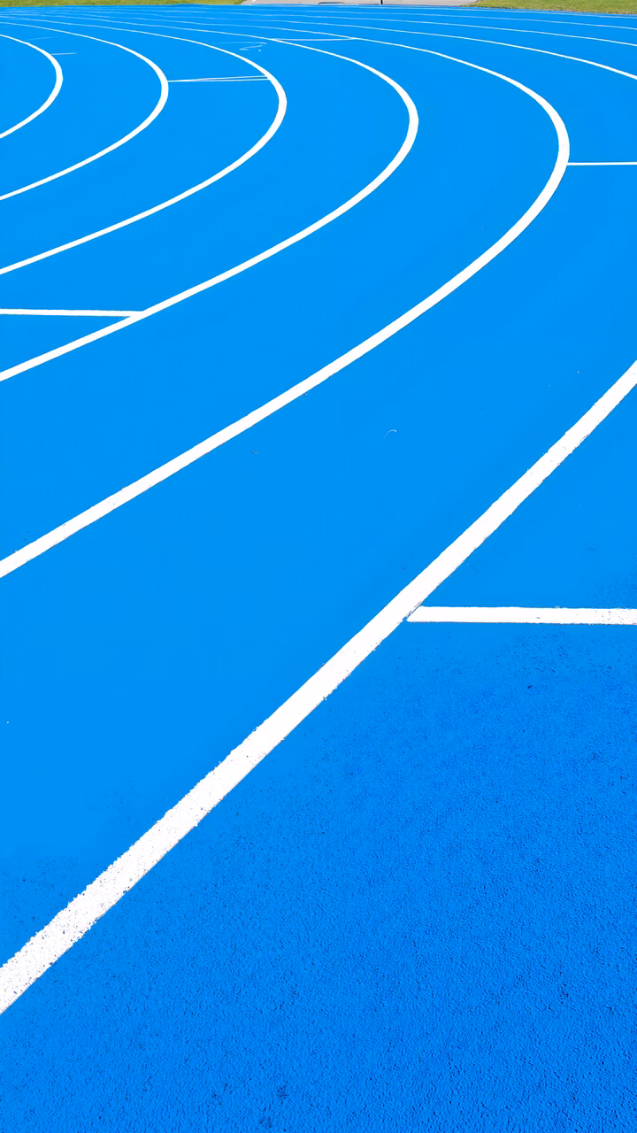 Close-up of a running track with vibrant blue surface and crisp white lane markings.