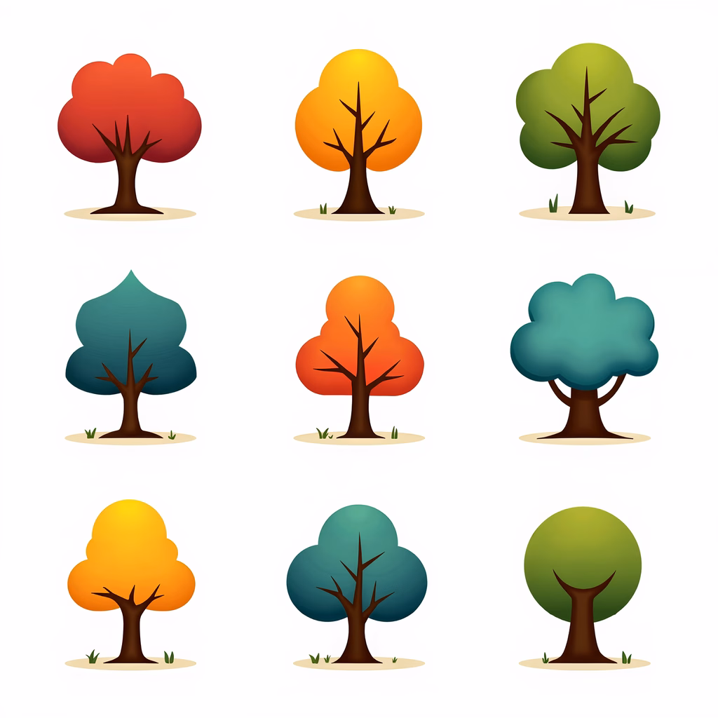Nine stylized trees representing different seasons in vibrant colors.