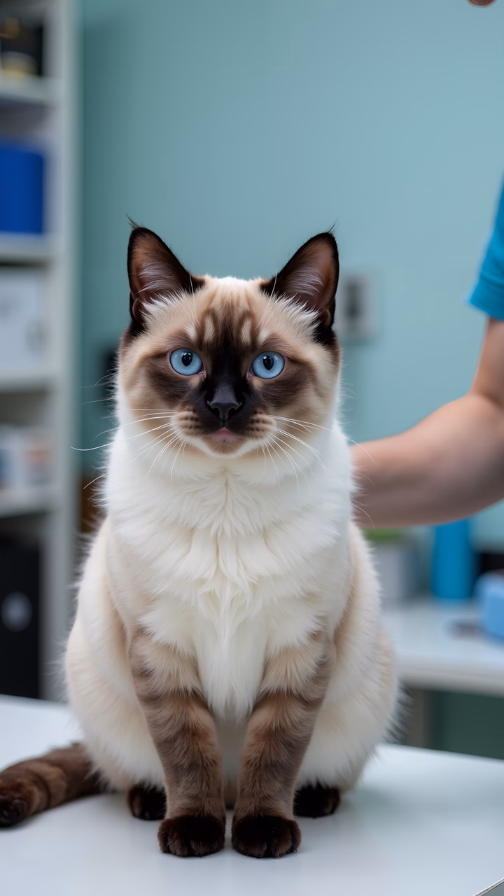 Graceful Siamese cat with striking blue eyes in a serene portrait setting.