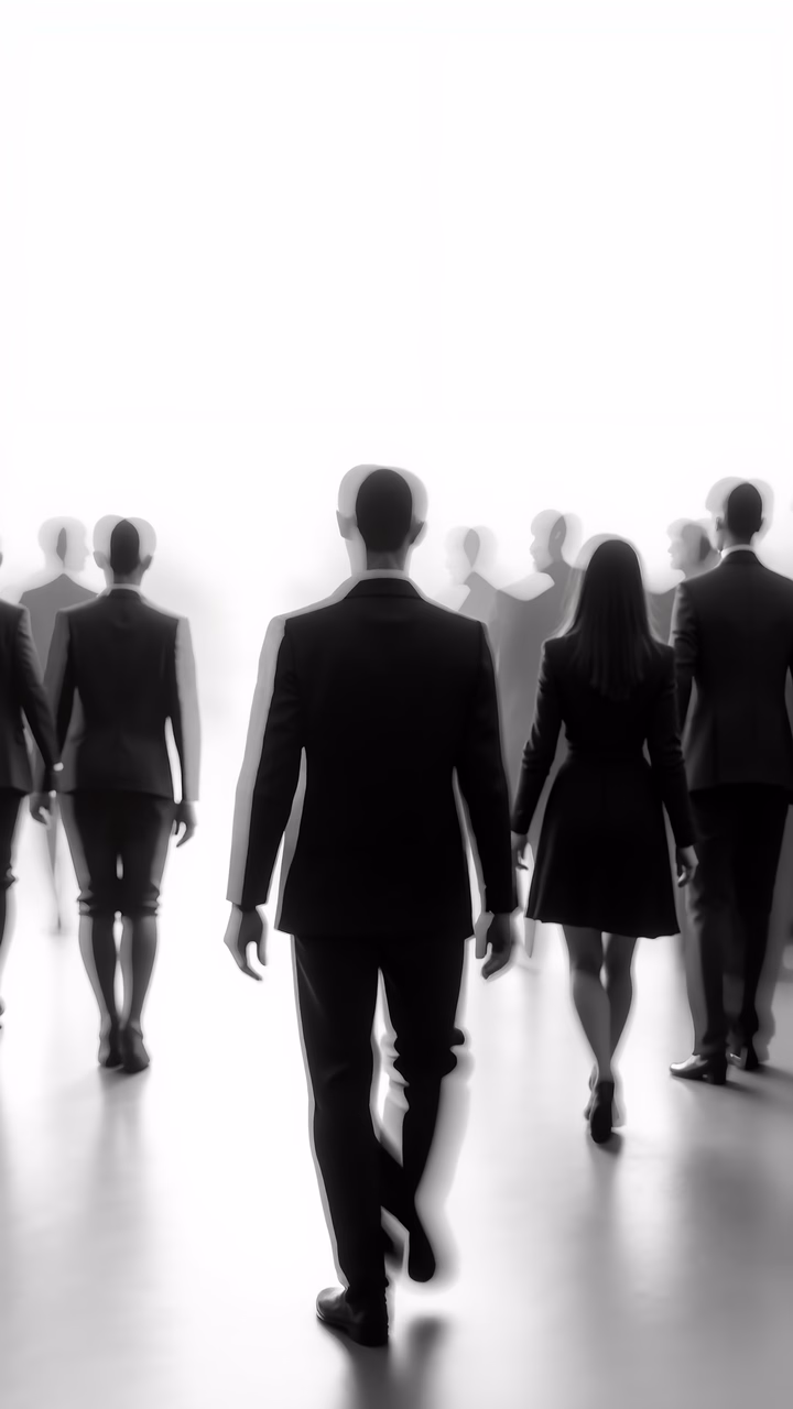 Silhouettes of business people walking away, grayscale, professional attire, muted tones, collective movement.