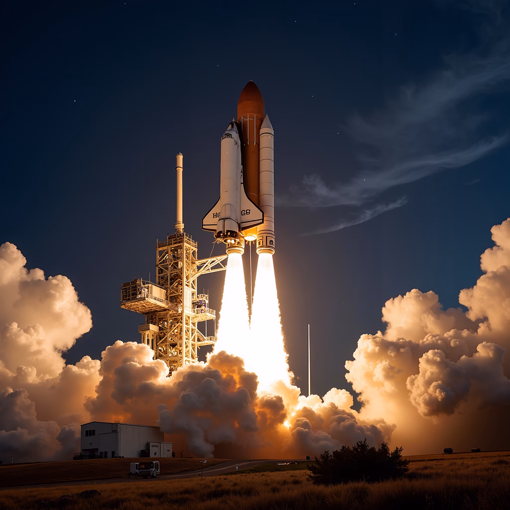 Nighttime launch of a space shuttle, vibrant flames and smoke against a dark sky.