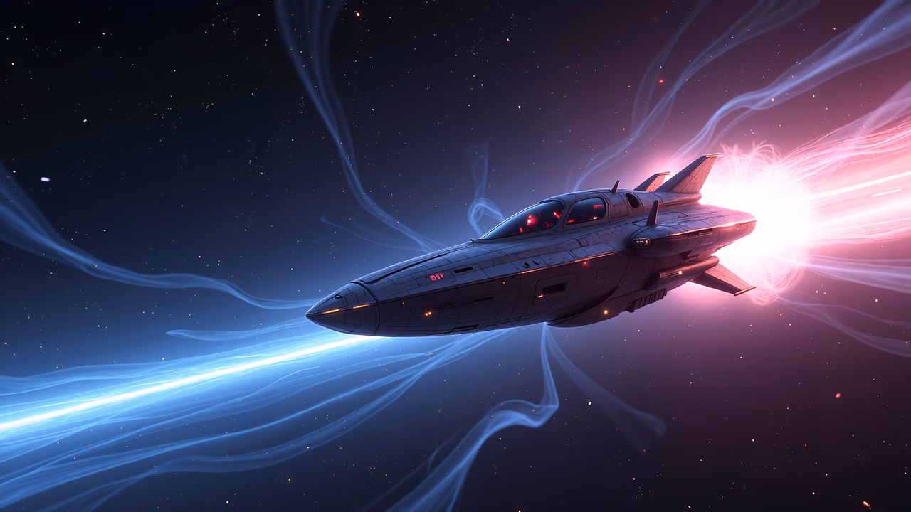 Futuristic spacecraft in action, vibrant energy trails, space adventure