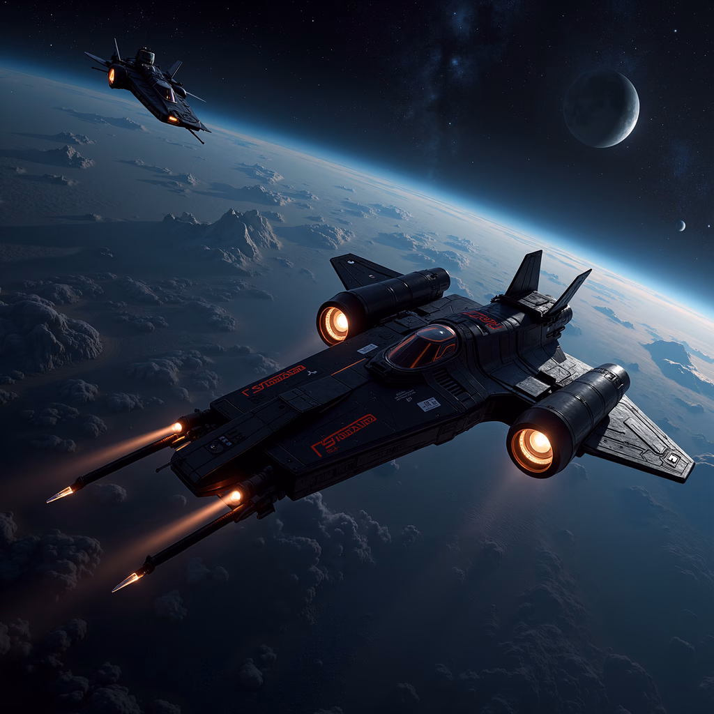 Futuristic spaceship soaring above a barren alien landscape under a starlit sky.