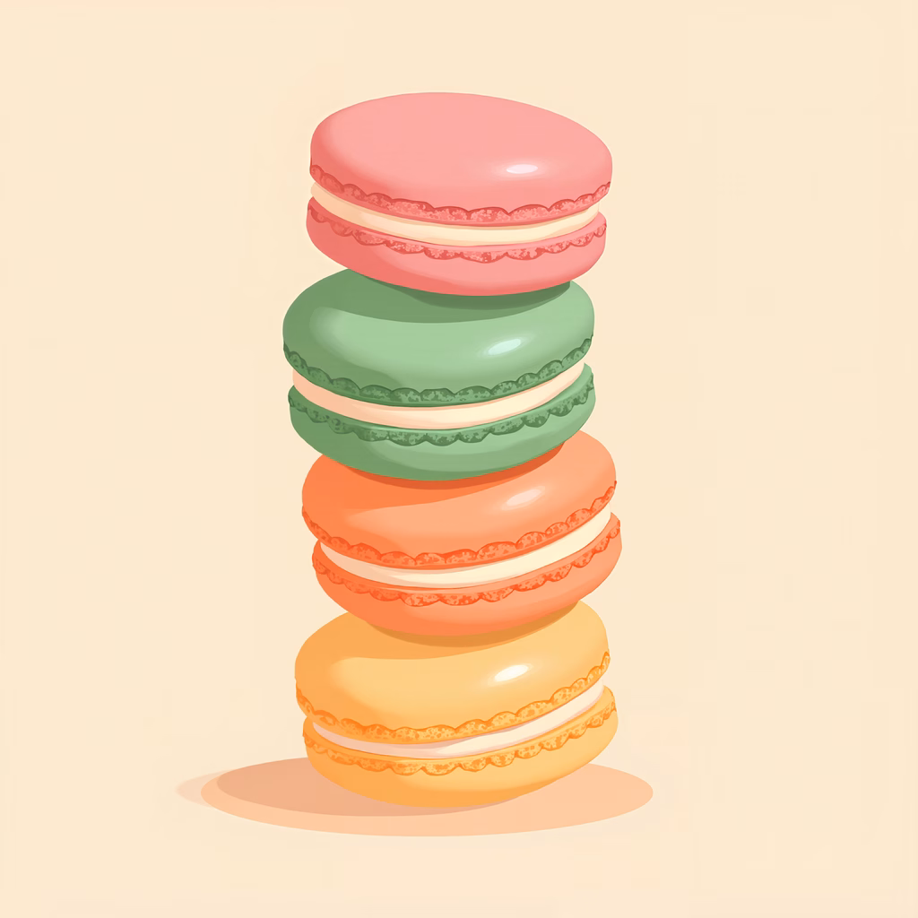 A stack of colorful macarons against a neutral background, showcasing a modern food art illustration.