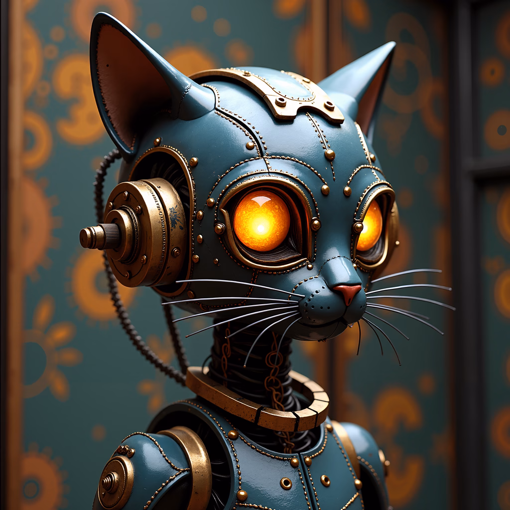 Steampunk cat with glowing eyes and brass details against teal floral backdrop.